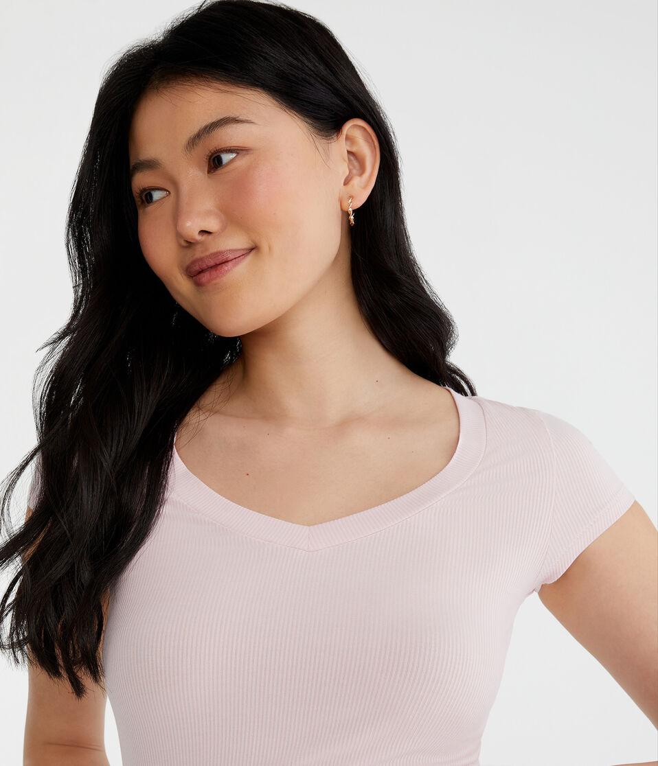 Aéropostale Seriously Soft Ribbed V-Neck Baby Tee Peach Whip
