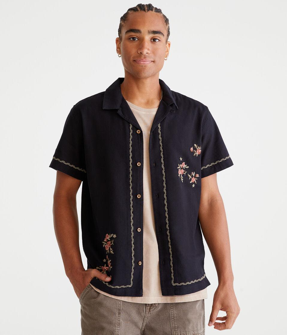 Aéropostale Short Sleeve Embroidered Floral Linen Shirt Black Fox