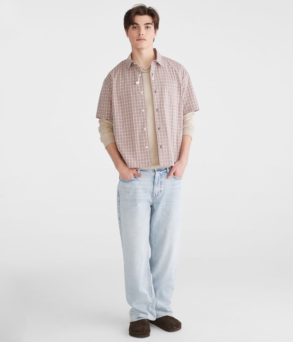 Aéropostale Short Sleeve Micro Plaid Boxy Shirt Cool Beige