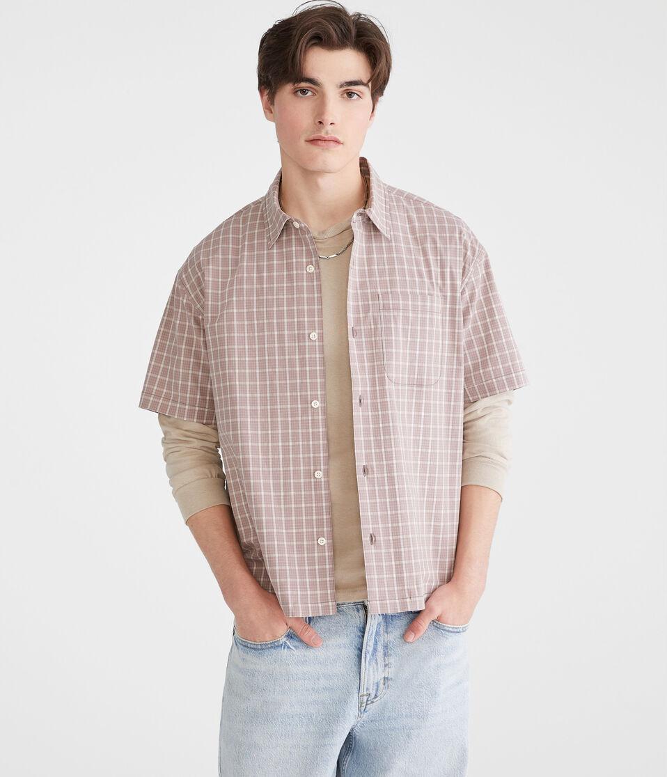 Aéropostale Short Sleeve Micro Plaid Boxy Shirt Cool Beige