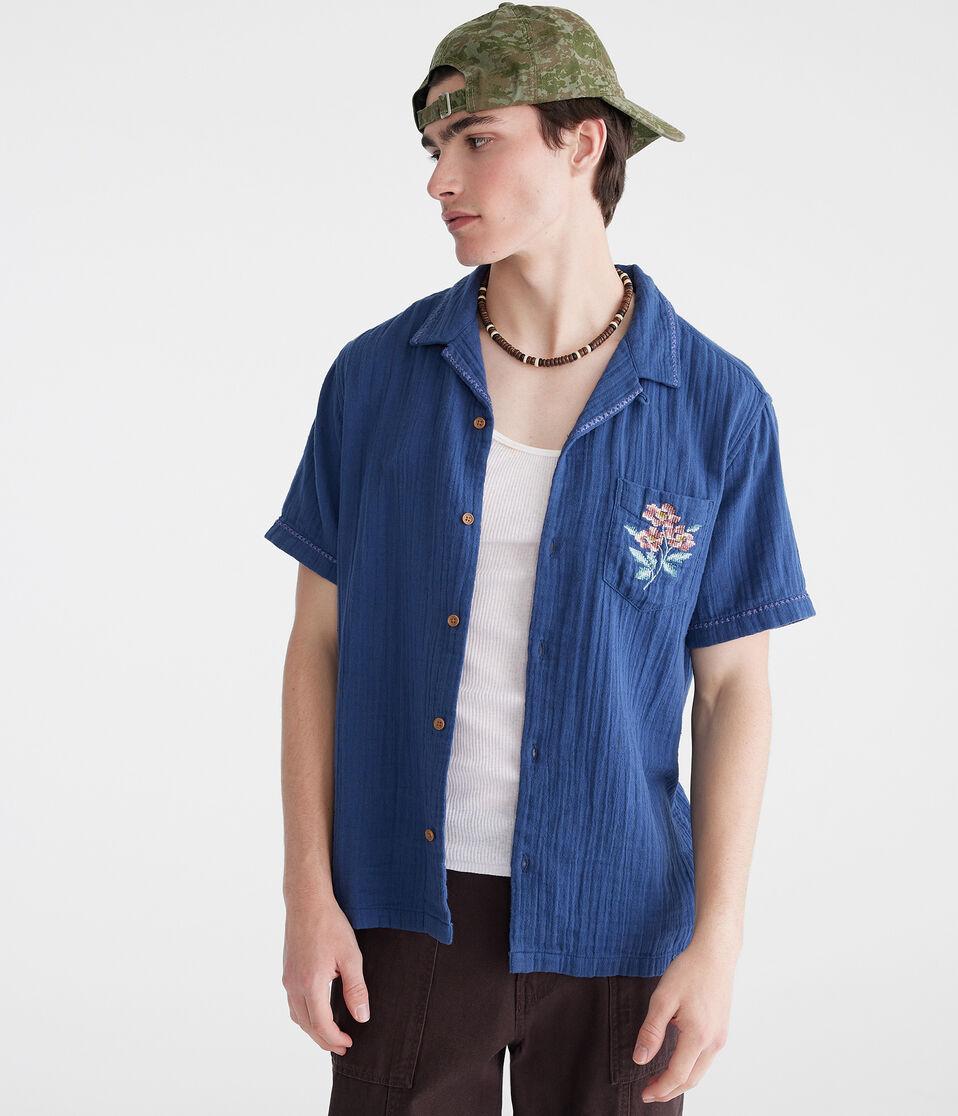 Aéropostale Short Sleeve Stitched Floral Gauze Camp Shirt Pine Grove