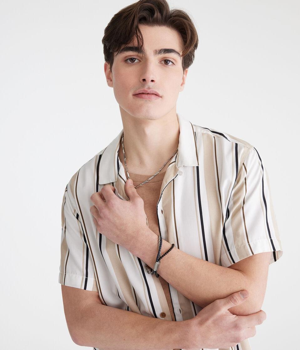 Aéropostale Short Sleeve Vertical Stripe Camp Shirt Cream