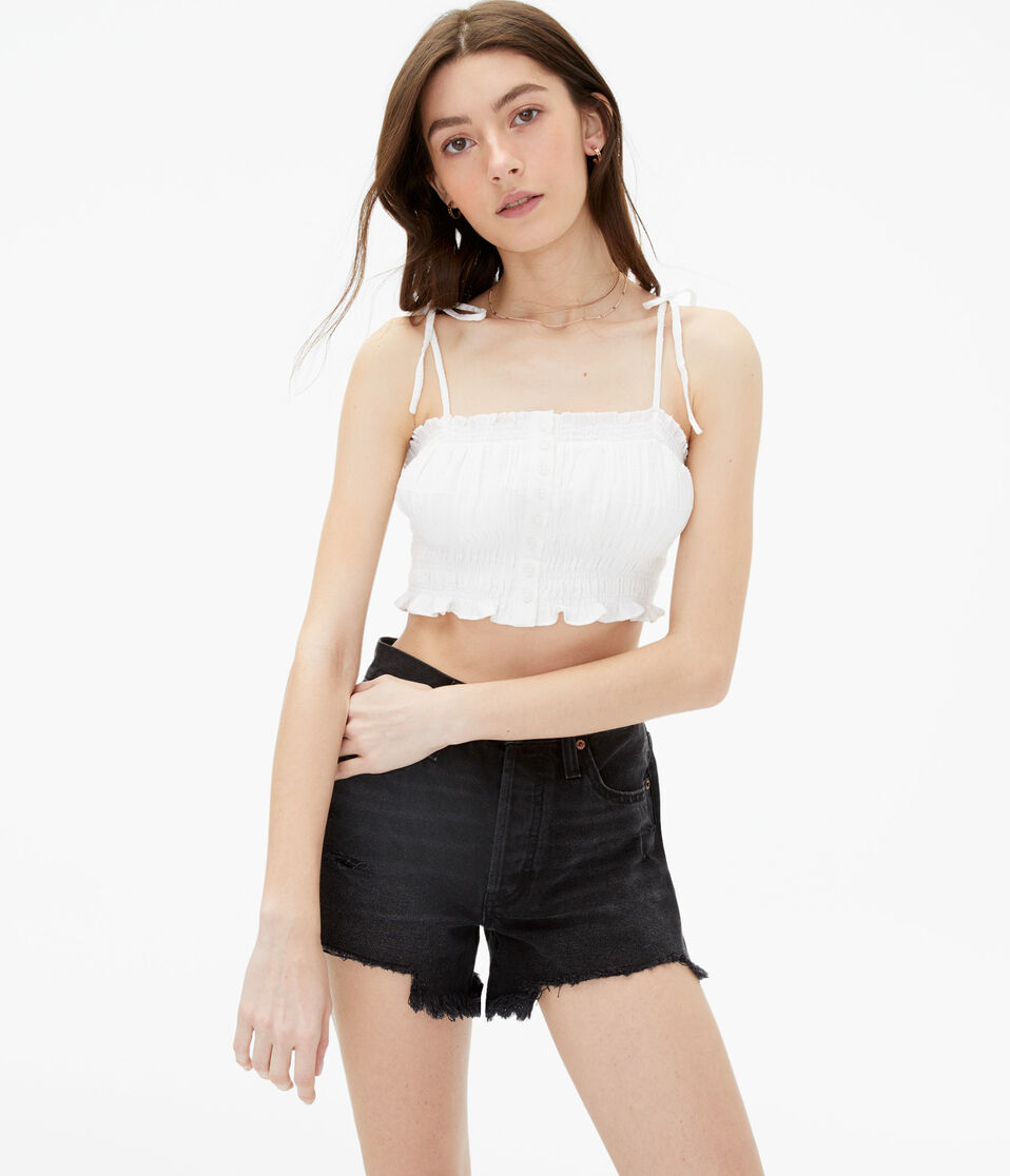 aéropostale Smocked Button-Front Cropped Tie Tank cream