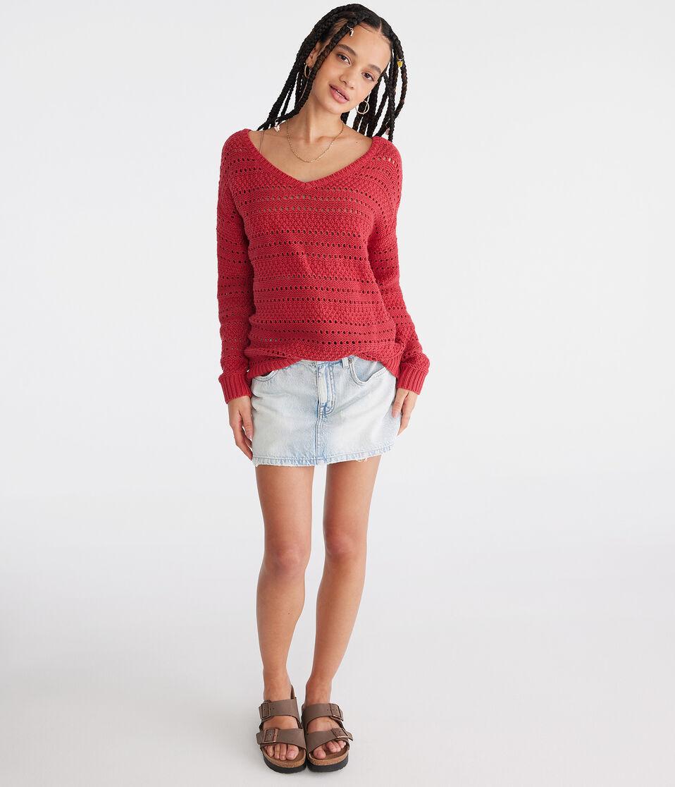 Aéropostale Solid Open-Knit V-Neck Sweater Mellow Rose