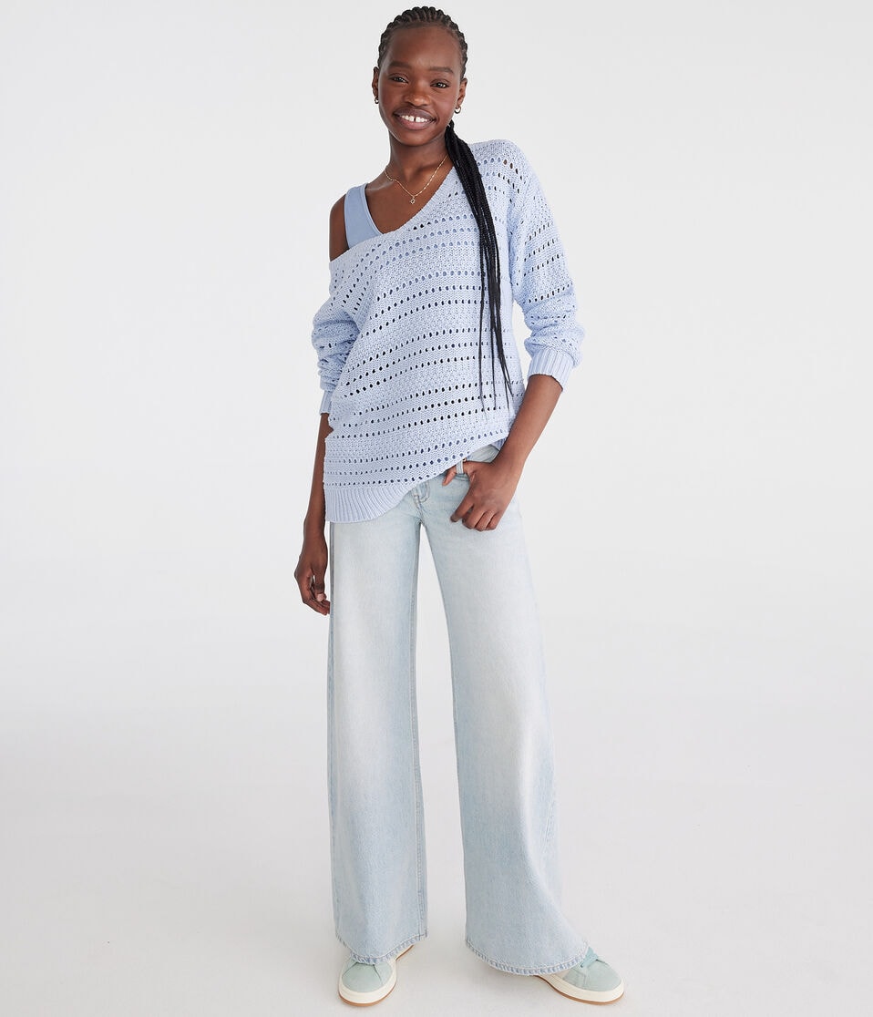 Aéropostale Solid Open-Knit V-Neck Sweater Spirit Blue