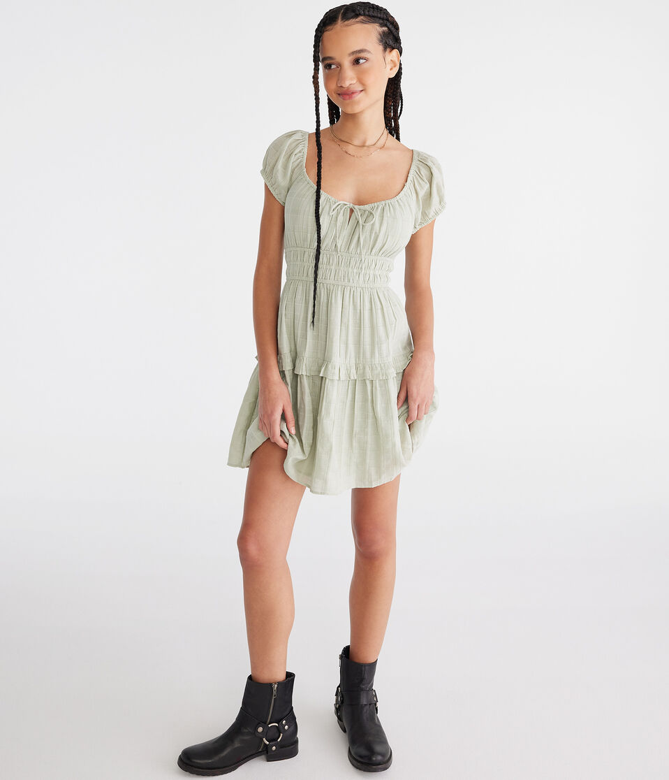 Aéropostale Solid Scoop-Neck Ruffled Fit & Flare Dress Organic Olive