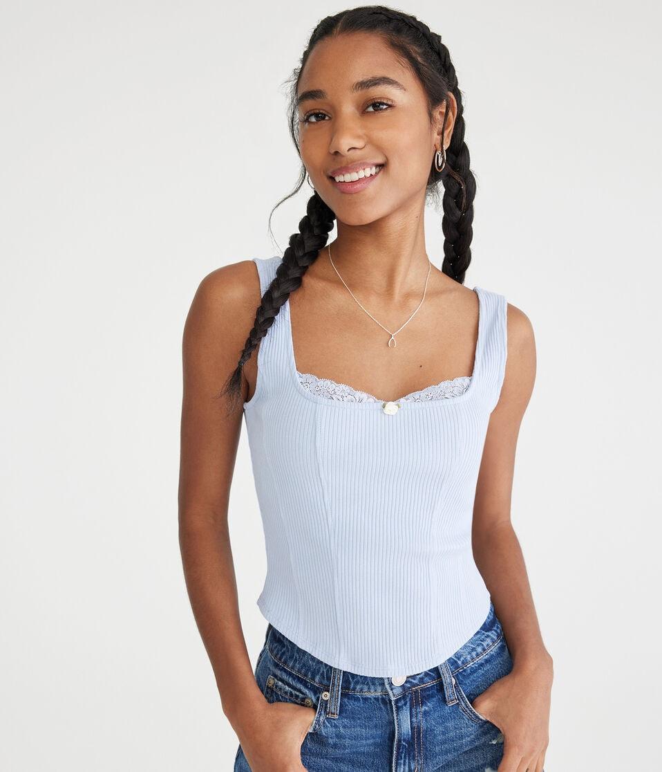 aéropostale Solid Square-Neck Corset Tank spirit blue