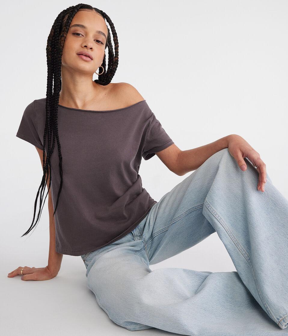 Aéropostale Washed Off-The-Shoulder Vintage Fit Crew Tee Academy Grey