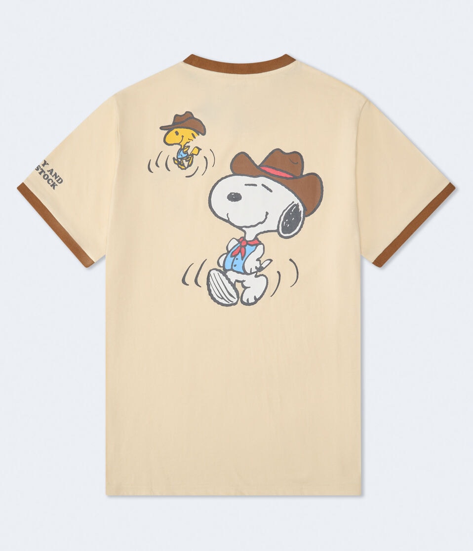 Aéropostale Western Snoopy & Woodstock Relaxed Ringer Graphic Tee Tan